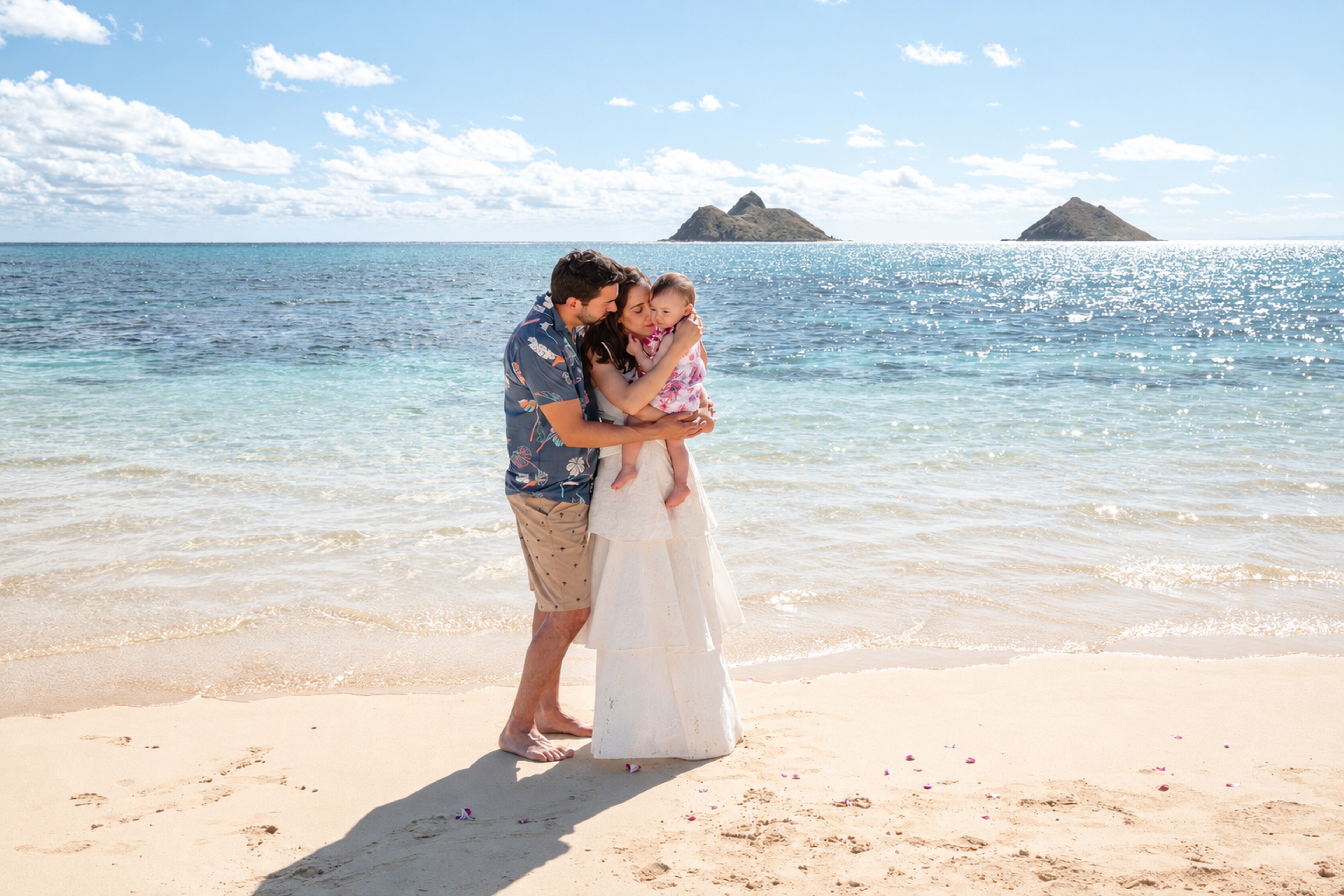 A family of three holding each other at the water's edge, two small islands on the horizon